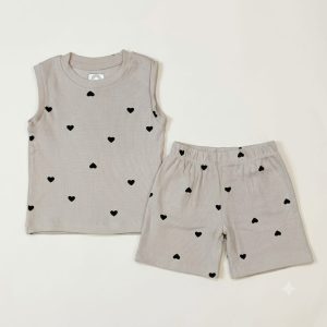 Black Heart Print Ribbed Daily Wear Set