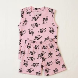 Pink Cartoon Character Print Ribbed Daily Wear Set