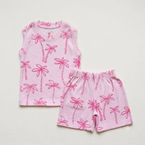 Pink Palm Tree Print Ribbed Daily Wear Set