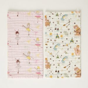 2-Pack Baby Burp Cloth Set | 6-Layer Muslin Ballerina & Woodland Bear Print