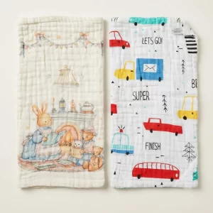 2-Pack Baby Burp Cloth Set | 6-Layer Muslin Bunny & Vehicle Print