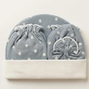 Cap Mitten Booties Set – Dusty Blue Star Print