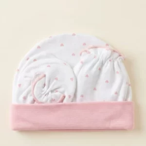Cap Mitten Booties Set – White with Pink Heart Print