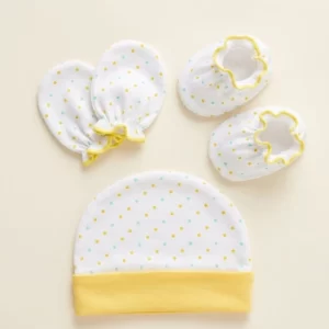 Newborn Cap Mittens & Booties Set – White with Yellow & Mint Polka Dots