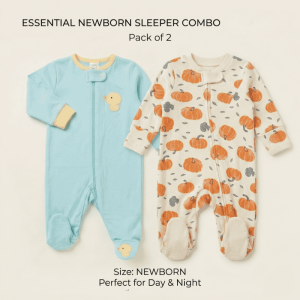Newborn Zip Sleepsuits - Pack of 2 (Duck & Pumpkin Print)