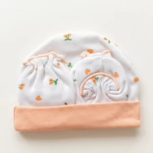 Newborn Cap Mittens & Booties Set Peach Floral Print