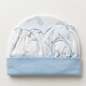 Newborn Cap Mittens & Booties Set Sky Blue Doodle Print