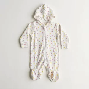 White Floral & Bunny Print Sleepsuit