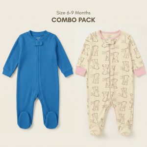 Baby Cotton Zip Sleepsuits (6–9 Months) - Pack of 2 (Royal Blue & Bunny Print)