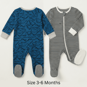 Baby Zip Sleepsuits (3–6 Months) - Pack of 2 (Blue Dinosaur & Monochrome Stripe)