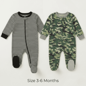 Baby Zip Sleepsuits (3–6 Months) - Pack of 2 (Monochrome Stripe & Olive Camo)