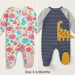 Baby Zip Sleepsuits (3–6 Months) - Pack of 2 (Floral Bloom & Striped Dinosaur Appliqué)