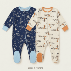 Baby Zip Sleepsuits (3–6 Months) - Pack of 2 (Outer Space & Safari Friends)