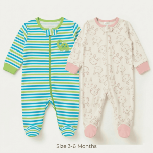 Baby Zip Sleepsuits (3–6 Months) - Pack of 2 (Green Stripe Dinosaur & Pink Bunny Face)
