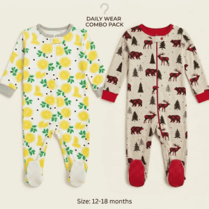 Export Surplus Baby Sleepsuit Combo Pack of 2 – Full Sleeve Footed Zipper Sleepsuits for 12–18 Months