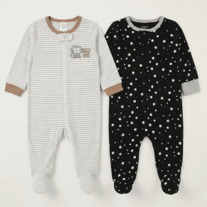 Baby Zip Sleepsuits ( 6-9 Months) - Pack of 2 (Grey Stripe Lion & Black Starry Night)