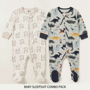 Baby Zip Sleepsuits (6-9 Months) - Pack of 2 (Pink Bunny Face & Grey Dinosaur World)