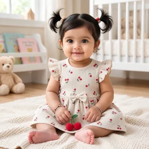 Cherry Ribbed Bow Dress — Cream