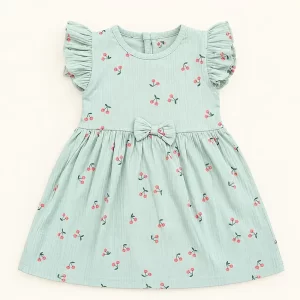 Cherry Ribbed Bow Dress — Sage Green