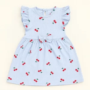 Cherry Ribbed Bow Dress — Sky Blue