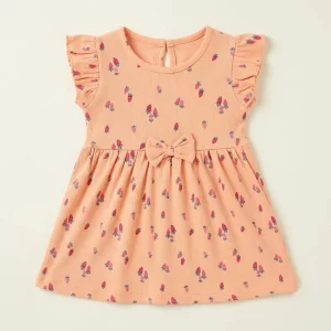 Strawberry Ribbed Bow Dress — Peach